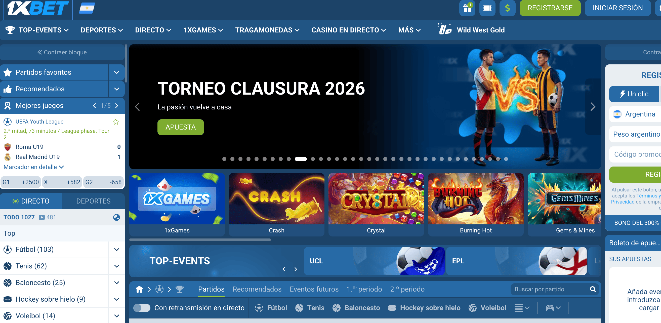 Lobby principal del casino con tragamonedas, casino en vivo y deportes